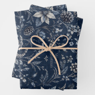 Vintage Navy Blue Botanical Merry Christmas Patter Wrapping Paper Sheets
