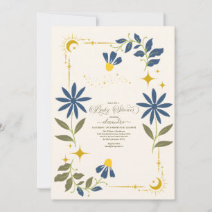 Vintage Navy Blue Celestial Botanical Baby Shower Invitation