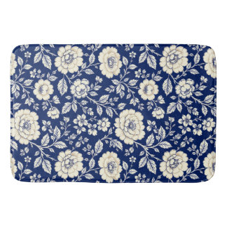 Vintage Navy Blue & Cream Floral Pattern Blanket Bath Mat