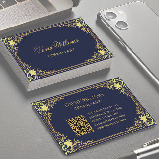 Vintage Navy Blue Faux Gold QR Code Elegant Script Business Card
