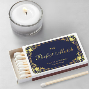 Vintage Navy Blue Faux Gold Script Wedding Favors Matchboxes