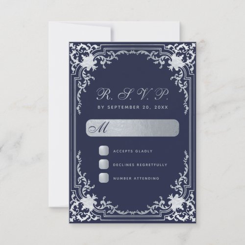 Vintage Navy Blue Faux Silver Calligraphy Wedding RSVP Card