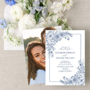 Vintage Navy Blue Floral Line Art Photo Wedding Invitation