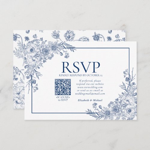 Vintage Navy Blue Floral Line Art QR Code RSVP