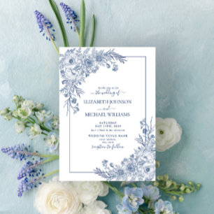 Vintage Navy Blue Floral Line Art Script Wedding Invitation