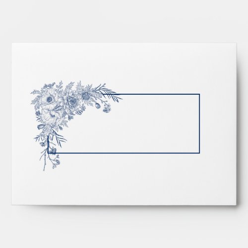 Vintage Navy Blue Floral Line Art Wedding Envelope