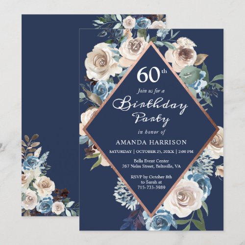 Vintage Navy Blue Floral Rose Gold 60th Birthday Invitation