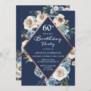 Vintage Navy Blue Floral Rose Gold 60th Birthday Invitation