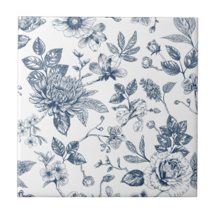 Vintage Navy Blue Floral Toile-De-Jouy Pattern  Ceramic Tile