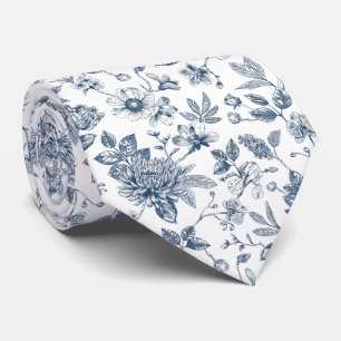 Vintage Navy Blue Floral Toile-De-Jouy Pattern  Neck Tie