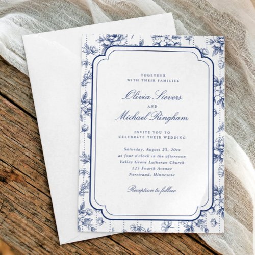 Vintage Navy Blue Floral Toile Frame Wedding Invitation