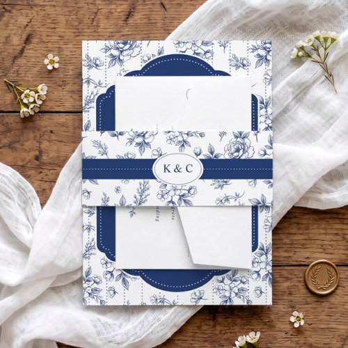 Vintage Navy Blue Floral Toile Initials Wedding Invitation Belly Band