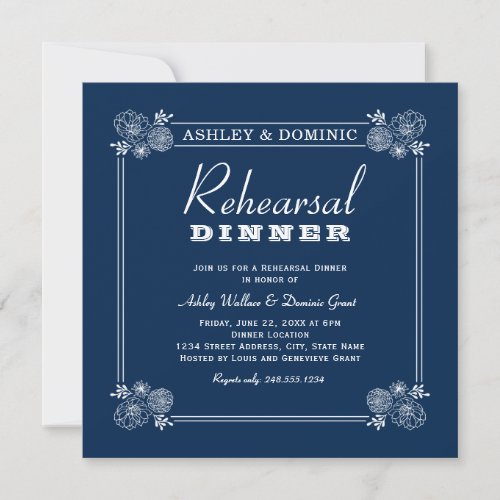 Vintage Navy Blue Floral Wedding Rehearsal Dinner Invitation