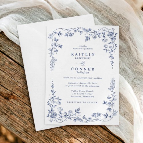 Vintage Navy Blue French Floral Elegant Wedding Invitation