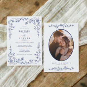 Vintage Navy Blue French Floral Wedding Photo Invitation
