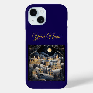 Vintage Navy Blue & Gold Christmas iPhone 15 Cas Case