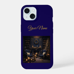 Vintage Navy Blue & Gold Christmas iPhone 15 Slim Case