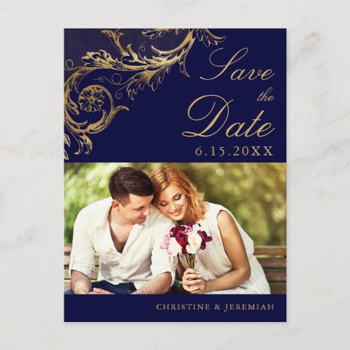 Vintage Navy Blue Gold Damask Photo Save the Date Announcement Postcard