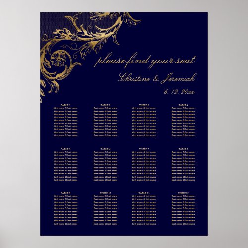 Vintage Navy Blue Gold Damask Wedding Seating Poster