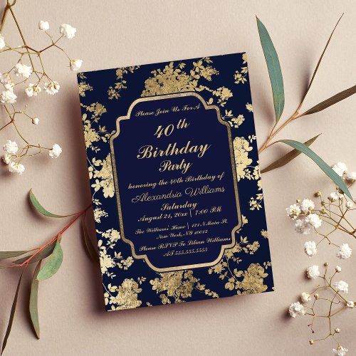 Vintage Navy Blue Gold Floral 40th Birthday Invitation Postcard