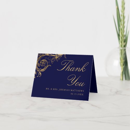 Vintage Navy Blue Gold Floral Damask Photo Wedding Thank You Card