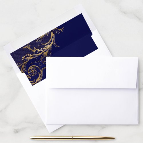 Vintage Navy Blue Gold Floral Damask Wedding Envelope Liner