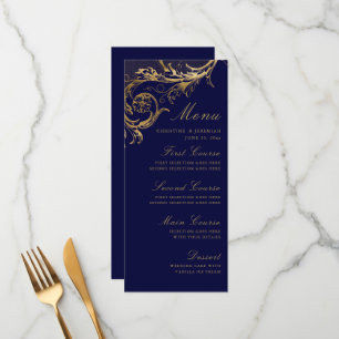 Vintage Navy Blue Gold Floral Damask Wedding Menu