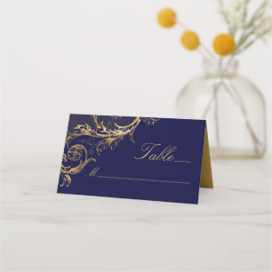 Vintage Navy Blue Gold Floral Damask Wedding Place Card