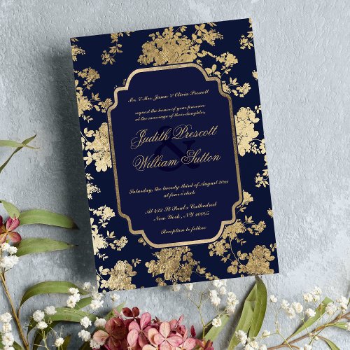 Vintage Navy Blue Gold Floral Pattern Wedding Invitation