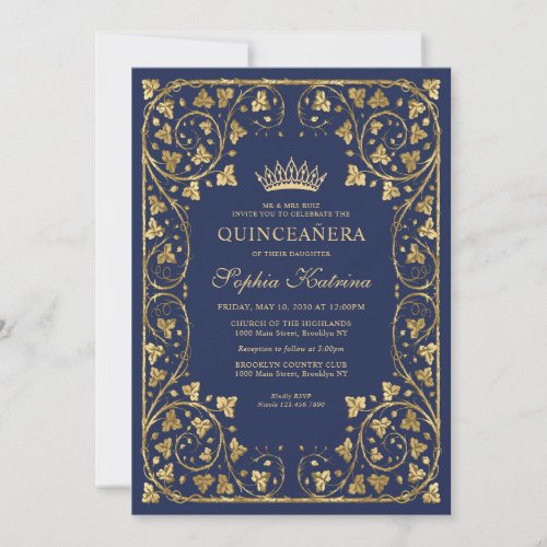 Vintage Navy Blue Gold Frame Tiara Quinceanera Invitation