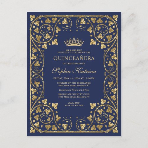 Vintage Navy Blue Gold Frame Tiara Quinceanera Invitation Postcard
