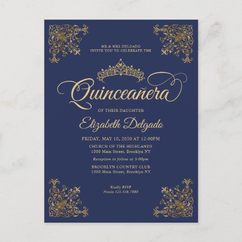 Vintage Navy Blue Gold Frame Tiara Quinceanera Postcard