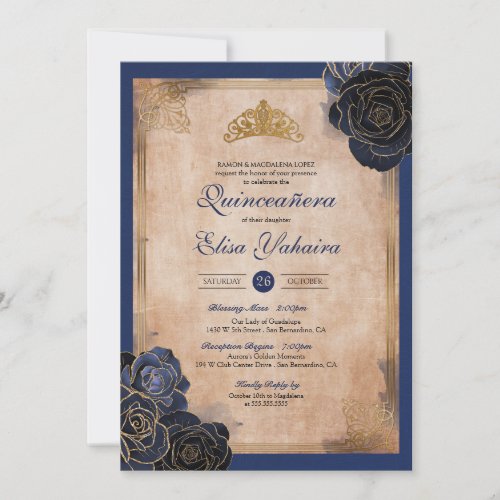 Vintage Navy Blue Gold Roses Royal Quinceanera Invitation