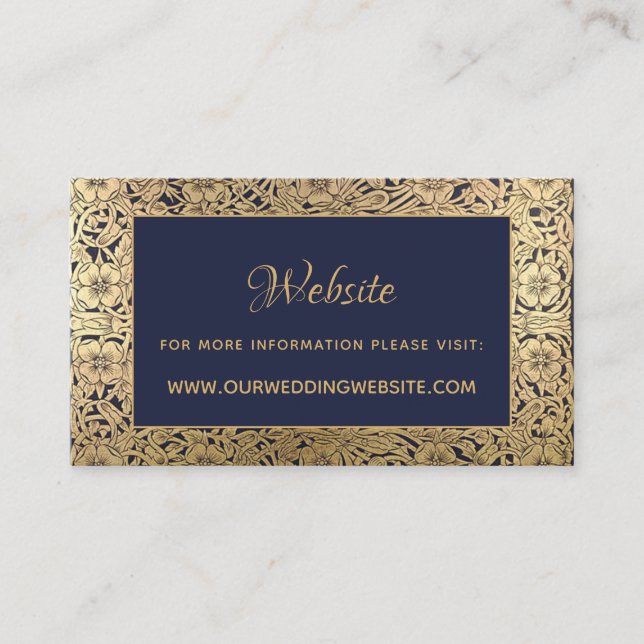 Vintage Navy Blue Gold Roses Wedding Website Card (Front)