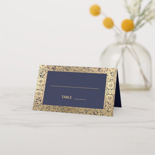 Vintage Navy Blue Gold Wild Roses Elegant Wedding Place Card