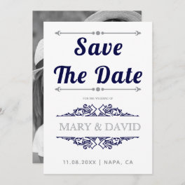 Vintage navy blue, gray typography Save the Date