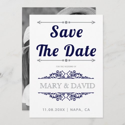 Vintage navy blue gray typography Save the Date