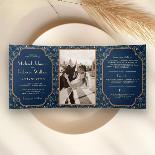 Vintage Navy Blue Great Gatsby Art Deco Wedding Tri_Fold Invitation