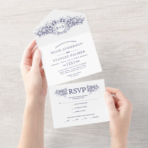 Vintage navy blue heraldic crest wedding  all in one invitation