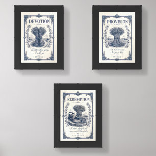 Vintage Navy Blue Ivory Engraving Ruth Bible Story Wall Art Sets