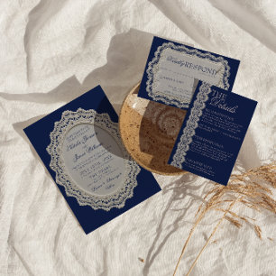 Vintage Navy Blue Lace Doily Old Money Wedding  Invitation