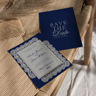 Vintage Navy Blue Lace Old Money Wedding Save The Date