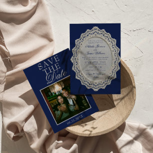 Vintage Navy Blue Lace Photo Fancy Wedding Save The Date