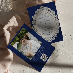 Vintage Navy Blue Lace QR Code Photo Wedding Invitation