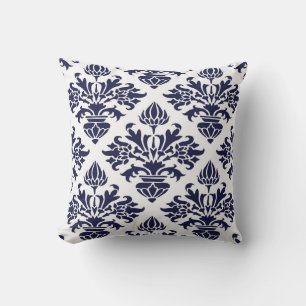 Vintage Navy Blue Large Floral Damask White BG Throw Pillow