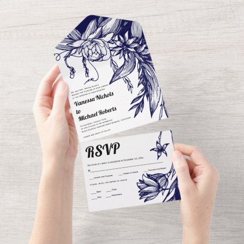 Vintage navy blue line art flowers wedding all in one invitation