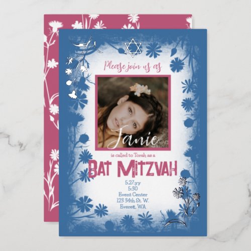 Vintage Navy Blue Mauve Pink Bat Mitzvah Photo Foil Invitation