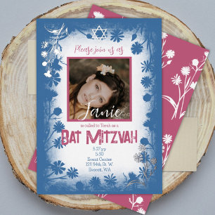 Vintage Navy Blue Mauve Pink Bat Mitzvah Photo Foil Invitation