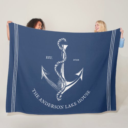 Vintage Navy Blue Nautical Anchor Lake Beach Boat Fleece Blanket