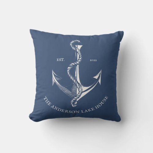 Vintage Navy Blue Nautical Anchor Lake Beach Boat Outdoor Pillow